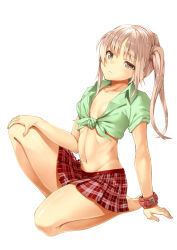 Rule 34 | 1girl, abs, arm support, bare arms, bare legs, barefoot, wrist belt, bracelet, breasts, breasts apart, check commentary, collarbone, collared shirt, commentary request, full body, green skirt, grey eyes, grey hair, groin, hair ornament, hair scrunchie, hand on own knee, head tilt, jewelry, knee up, looking at viewer, medium hair, midriff, murata taichi, navel, no bra, open collar, original, parted lips, plaid, plaid skirt, pleated skirt, ribs, scrunchie, shirt, short sleeves, side ponytail, sidelocks, simple background, sitting, skirt, small breasts, solo, teeth, tied shirt, tsurime, uneven eyes, white background