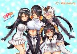 Rule 34 | 5girls, absurdres, bird, black hair, blush, breasts, ear protection, emperor penguin (kemono friends), english text, closed eyes, gentoo penguin (kemono friends), gloves, hair over one eye, hands on another&#039;s shoulders, highres, hood, hoodie, humboldt penguin (kemono friends), kemono friends, large breasts, long hair, miniskirt, multicolored hair, multiple girls, panties, penguin, penguin tail, rockhopper penguin (kemono friends), royal penguin (kemono friends), short hair, skirt, tail, thighhighs, thumbs up, turtleneck, two-tone hair, underwear, zipper