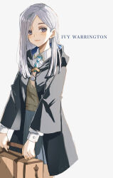 Rule 34 | 0404m, 1girl, black cloak, blue eyes, blue necktie, blue skirt, blush, character name, cloak, collared shirt, commentary request, grey hair, harry potter: magic awakened, harry potter (series), highres, hogwarts school uniform, hood, hood down, hooded cloak, ivy warrington, jewelry, long hair, long sleeves, looking at viewer, necklace, necktie, ravenclaw, school uniform, shirt, simple background, skirt, smile, solo, white background, wizarding world