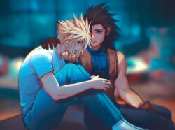 Rule 34 | 2boys, arm around shoulder, belt, black hair, blonde hair, blue eyes, blue pants, blue shirt, blurry, blurry background, brown belt, brown gloves, chocobowings, cloud strife, crisis core final fantasy vii, facial scar, final fantasy, final fantasy vii, gloves, hair between eyes, hair slicked back, hugging own legs, long hair, looking at another, male focus, multiple boys, no shoes, pants, parted lips, scar, scar on cheek, scar on face, shirt, short hair, short sleeves, sideburns, sleeveless, sleeveless turtleneck, socks, spiked hair, suspenders, t-shirt, talking, turtleneck, white shirt, white socks, yaoi, zack fair