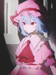 Rule 34 | 1girl, ascot, blue hair, chromatic aberration, closed mouth, collared shirt, commentary request, film grain, frilled shirt, frilled shirt collar, frills, hat, hat ribbon, highres, light blue hair, mob cap, motamo (motamotri), pink hat, pink shirt, pink skirt, red ascot, red eyes, red ribbon, remilia scarlet, ribbon, shirt, short hair, short sleeves, skirt, solo, touhou
