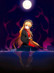 Rule 34 | 1girl, black dress, black hat, black sleeves, blood, bow, chinese clothes, closed mouth, crescent, dress, energy, full moon, hair between eyes, hand up, hat, highres, ikasoba, junko (touhou), legacy of lunatic kingdom, long hair, long sleeves, looking at viewer, moon, night, night sky, ocean, open mouth, orange hair, pom pom (clothes), red vest, reflection, sitting, sky, smile, solo, star (sky), starry sky, touhou, very long hair, vest, water, yellow bow, yellow neckwear