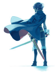 Rule 34 | 1girl, aisutabetao, androgynous, blue eyes, blue hair, boots, cloak, fingerless gloves, fire emblem, fire emblem awakening, full body, gloves, hairband, highres, long sleeves, looking at viewer, looking back, lucina (fire emblem), nintendo, ribbed legwear, scabbard, sheath, short hair, simple background, sketch, solo, standing, sword, unsheathed, weapon, white background, wind