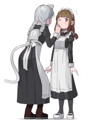 Rule 34 | 2girls, animal ears, blunt bangs, braid, brown eyes, brown hair, cat ears, cat girl, cat tail, full body, grey hair, juliet sleeves, long sleeves, looking at another, maid, maid headdress, multiple girls, one eye covered, original, pantyhose, puffy sleeves, saiste, simple background, tail, twin braids, white background, wiping face