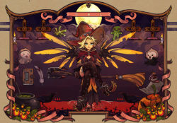 Rule 34 | 1girl, bird, blonde hair, blue eyes, blush stickers, book, candle, cape, crossed legs, crow, earrings, elbow gloves, eyebrows, fangs, feathers, full moon, gloves, halloween, halloween costume, hat, jack-o&#039;-lantern, jack-o&#039;-lantern earrings, jewelry, looking at viewer, mechanical wings, mercy (overwatch), moon, open mouth, overwatch, overwatch 1, pachimari, pumpkin, rye-beer, sitting, smirk, solo, thick eyebrows, thighhighs, vampire, wings, witch, witch hat, witch mercy
