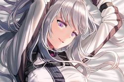 Rule 34 | 1girl, ak-12 (girls&#039; frontline), arms up, bad id, bad twitter id, bed sheet, girls&#039; frontline, long hair, lying, on back, open mouth, purple eyes, silence girl, silver hair, strap, symbol-shaped pupils, tactical clothes