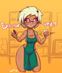 Rule 34 | 1girl, apron, black sclera, blonde hair, blush, body writing, breasts, cleavage, colored sclera, cowboy shot, cropped legs, dark-skinned female, dark skin, english text, facing viewer, fangs, glasses, green apron, gyaru, highres, holding, iced latte with breast milk (meme), looking at viewer, looking over eyewear, luxidoro, meme, naked apron, open mouth, original, pen, red eyes, revealing clothes, rosicler (luxidoro), semi-rimless eyewear, sharp teeth, short hair, signature, solo, standing, sweat, teeth, tomboy, trembling