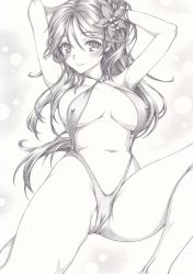 Rule 34 | 1girl, amagi (kancolle), arms behind head, arms up, blush, breasts, cameltoe, covered erect nipples, flower, graphite (medium), greyscale, hair flower, hair ornament, kantai collection, legs, looking at viewer, mikuro, monochrome, navel, slingshot swimsuit, smile, solo, swimsuit, traditional media