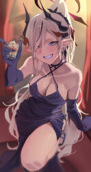 Rule 34 | 1girl, absurdres, bare shoulders, black halo, black horns, blue archive, blue dress, blue eyes, blush, breasts, cleavage, closed mouth, criss-cross halter, cup, demon horns, detached sleeves, dress, elbow gloves, gloves, gradient horns, gubbi on, halo, halter dress, halterneck, highres, holding, holding cup, horns, indoors, large breasts, looking at viewer, makoto (blue archive), makoto (dress) (blue archive), multicolored horns, multiple horns, official alternate costume, pointy ears, ponytail, red halo, smile, solo