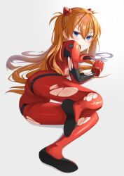 Rule 34 | 1girl, :/, artist request, ass, blue eyes, blush, bodysuit, breasts, brown hair, embarrassed, hair ornament, highres, interface headset, long hair, looking at viewer, looking back, lying, medium breasts, neon genesis evangelion, plugsuit, red bodysuit, shiny clothes, shiny skin, simple background, skin tight, solo, souryuu asuka langley, tears, torn bodysuit, torn clothes, tsundere, very long hair, white background