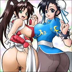 Rule 34 | 2girls, anus, ass, black hair, blue eyes, breast press, breasts, brown hair, bun cover, capcom, censored, china dress, chinese clothes, chun-li, crossover, curvy, double bun, dress, fatal fury, fjt (fjym2), green eyes, hair bun, hip focus, holding hands, huge ass, large breasts, lowres, multiple girls, no panties, pantyhose, pelvic curtain, protected link, shiranui mai, sideboob, snk, street fighter, symmetrical docking, the king of fighters, wide hips