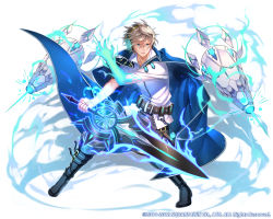 Rule 34 | 1boy, belt, black footwear, black pants, blue cape, blue eyes, boots, brown hair, cape, chain, company name, fighting stance, fuji minako, full body, glowing, glowing hand, glowing weapon, hair between eyes, headset, holding, holding sword, holding weapon, kai-ri-sei million arthur, knee boots, laser, looking at viewer, male focus, million arthur (series), official art, pants, shirt, solo, standing, sword, weapon, white shirt