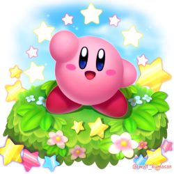 Rule 34 | bad id, bad pixiv id, blue eyes, blush stickers, bright background, commentary request, flower, gradient background, grass, highres, kirby, kirby (series), kumaoka pon, leaf, looking at viewer, nintendo, no humans, official style, open mouth, smile, solo, star (symbol), twitter username