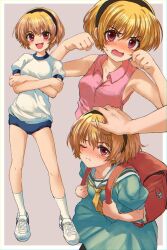 1girl 1other armpits backpack bag black_hairband blonde_hair blue_buruma buruma clenched_hands closed_mouth collared_shirt commentary_request crossed_arms dress fang frown green_dress gym_shirt gym_uniform hairband hands_up headpat highres higurashi_no_naku_koro_ni holding_strap houjou_satoko multiple_views neckerchief one_eye_closed open_mouth pink_hair pink_shirt prprpkpy puffy_short_sleeves puffy_sleeves randoseru red_bag sailor_collar sailor_dress shirt shoes short_hair short_sleeves sleeveless sleeveless_shirt sneakers socks split_mouth white_sailor_collar white_shirt white_shoes white_socks yellow_neckerchief