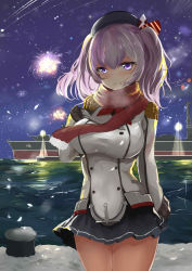Rule 34 | 10s, 1girl, absurdres, anchor symbol, black skirt, breasts, eyebrows, fireworks, gloves, hat, highres, kantai collection, kashima (kancolle), large breasts, long hair, looking at viewer, military, military uniform, miniskirt, night, outdoors, pleated skirt, purple eyes, red scarf, scarf, silver hair, skirt, slm, smile, solo, twintails, uniform, white gloves