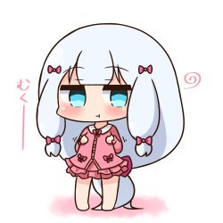 Rule 34 | 1girl, :t, absurdly long hair, barefoot, blue eyes, blush, bow, chibi, closed mouth, collared shirt, commentary request, dress shirt, eromanga sensei, full body, hair bow, hana kazari, hand on own chest, hands up, izumi sagiri, long hair, long sleeves, looking at viewer, pajamas, pink bow, pink pajamas, pink shirt, pink skirt, pleated skirt, pout, shirt, sidelocks, silver hair, skirt, solo, squiggle, standing, translation request, very long hair, white background