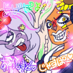 Rule 34 | 2girls, :p, alien, amethyst (steven universe), bad id, bad pixiv id, braid, cartoon network, character name, colored skin, diffraction spikes, dokur01, facing viewer, flower, ganguro, gradient background, grin, hair flower, hair ornament, hair over one eye, half-closed eyes, jasper (steven universe), looking at viewer, lowres, makeup, multicolored hair, multiple girls, orange skin, partially translated, purple skin, sailor collar, side braid, simple background, smile, steven universe, streaked hair, tongue, tongue out, translation request, v over eye, white lips, yellow eyes