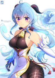 Rule 34 | ahoge, armpits, artist name, bare shoulders, bell, black gloves, black legwear, blue hair, blush, bodystocking, bodysuit, bow, bowtie, breasts, chinchongcha, chinese knot, curled horns, detached sleeves, flower knot, ganyu (genshin impact), genshin impact, gloves, gold trim, highres, horns, large breasts, long hair, looking at viewer, low ponytail, neck bell, orb, purple eyes, sideboob, sidelocks, smile, solo, standing, tassel, thighlet, vision (genshin impact), waist cape, white background, white sleeves