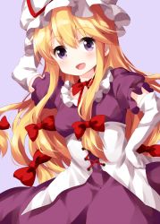 Rule 34 | 1girl, :d, blonde hair, blush, bow, breasts, choker, commentary request, cowboy shot, dress, hair between eyes, hair bow, hair ribbon, hand on own hip, hat, highres, long hair, looking at viewer, open mouth, puffy short sleeves, puffy sleeves, purple background, purple dress, purple eyes, red bow, red choker, red ribbon, ribbon, ribbon choker, ruu (tksymkw), short sleeves, sidelocks, simple background, small breasts, smile, solo, standing, touhou, white hat, yakumo yukari, yakumo yukari (young)