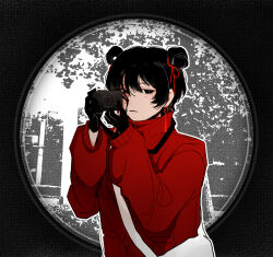 1girl black_eyes black_gloves black_hair camera closed_mouth earrings gloves hair_between_eyes hair_bun hair_ribbon hair_rings high_collar highres holding holding_camera jacket jewelry li_yuting_(female) long_sleeves mole mole_under_each_eye mole_under_eye multiple_moles red_jacket red_ribbon ribbon shiding123 short_hair single_hair_bun single_hair_ring solo touqi_guaitan upper_body white_bag