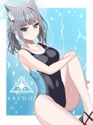 Rule 34 | 1girl, absurdres, animal ear fluff, animal ears, black one-piece swimsuit, blue archive, blue eyes, breasts, competition swimsuit, covered navel, cross hair ornament, extra ears, foot out of frame, grey hair, hair ornament, halo, highres, homulily, knee up, legs, logo, looking at viewer, low ponytail, medium breasts, medium hair, mismatched pupils, multicolored clothes, multicolored swimsuit, one-piece swimsuit, sandals, shiroko (blue archive), shiroko (swimsuit) (blue archive), swimsuit, wolf ears