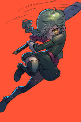 Rule 34 | 1girl, annie (skullgirls), belt, belt pouch, boots, braid, green hair, highres, holding, holding weapon, juliet sleeves, jumping, long sleeves, pouch, puffy sleeves, red background, skirt, skullgirls, solo, sword, tanakalma, thigh boots, thighhighs, twin braids, weapon, yellow eyes