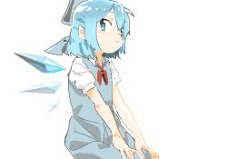 Rule 34 | 1girl, 3:, arm support, bad drawr id, bad id, blue bow, blue dress, blue eyes, blue hair, blue wings, bow, bowtie, cirno, closed mouth, detached wings, dress, feet out of frame, from side, hair between eyes, hair bow, half updo, hands on own knees, hands on own thighs, ice, ice wings, invisible chair, jaggy lines, light blush, looking at viewer, looking to the side, negative space, oekaki, pinafore dress, puffy short sleeves, puffy sleeves, red bow, red bowtie, senzaki, short hair, short sleeves, simple background, sitting, sleeveless dress, solo, touhou, white background, wing collar, wings