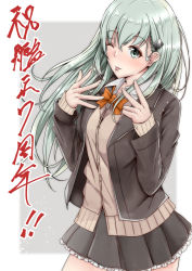 Rule 34 | 1girl, aga marino, anniversary, aqua eyes, aqua hair, bad id, bad twitter id, blazer, border, brown jacket, brown skirt, cardigan, contrapposto, copyright name, cowboy shot, frilled skirt, frills, grey background, hair ornament, hairclip, jacket, kantai collection, long hair, looking at viewer, one eye closed, open cardigan, open clothes, orange neckwear, pleated skirt, school uniform, skirt, smile, solo, standing, suzuya (kancolle), tongue, tongue out, two-tone background, vest, white border