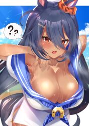 Rule 34 | 1girl, ?, absurdres, akiba monaka, animal ears, armpits, blue hair, blush, breasts, cleavage, collarbone, commission, cowboy shot, dark-skinned female, dark skin, dress, ear ornament, fang, hair between eyes, hair ornament, hairclip, hand on own cheek, hand on own face, highres, hishi amazon (umamusume), horse ears, horse girl, horseshoe, horseshoe ornament, large breasts, letterboxed, long hair, looking at viewer, low-tied long hair, off-shoulder dress, off shoulder, open mouth, outdoors, pixiv commission, red eyes, red scrunchie, scrunchie, shiny skin, skin fang, solo, spoken question mark, sweat, tan, tanline, thigh strap, umamusume, very long hair, white dress