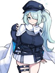 Rule 34 | 1girl, aqua eyes, aqua hair, blue archive, breasts, cabbie hat, cloak, hair over one eye, hat, hiyori (blue archive), large breasts, long hair, pouch, shigatsu shizuki, side ponytail, skirt, sleeves past wrists, smile, thigh pouch, white background, white cloak, white skirt