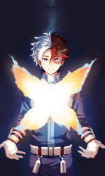 Rule 34 | 1boy, absurdres, belt, blue eyes, blurry, boku no hero academia, burn scar, closed mouth, depth of field, english text, fire, floating hair, glowing, grey eyes, hair between eyes, hana bie, heterochromia, high collar, highres, light, light particles, looking at viewer, male focus, multicolored hair, open hands, parted hair, pyrokinesis, red hair, scar, scar on face, smile, solo, split-color hair, spoilers, standing, todoroki shouto, twitter username, two-tone hair, utility belt, white hair, x
