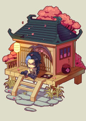 Rule 34 | 1boy, absurdres, aduan, architecture, black hair, blue hair, braid, cherry blossoms, chibi, closed eyes, east asian architecture, expressionless, falling petals, fence, frown, highres, lantern, league of legends, long hair, multicolored hair, over shoulder, paper lantern, parted bangs, petals, plant, relaxing, rhaast, scar, scar on face, scythe, sitting, solo, stone floor, tea, tree, weapon, weapon over shoulder