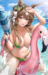 Rule 34 | 1girl, :d, animal ears, arm up, bare arms, bare shoulders, bikini, breasts, brown hair, cleavage, collarbone, day, duplicate, frilled bikini, frills, green bikini, hair ribbon, halterneck, hand up, highres, holding, horse ears, inflatable flamingo, inflatable toy, large breasts, long hair, looking at viewer, mole, mole on breast, multicolored hair, navel, ocean, open mouth, orange eyes, outdoors, pixel-perfect duplicate, resolution mismatch, ribbon, riding, satono diamond (umamusume), skindentation, smile, solo, source smaller, ssong2, stomach, string bikini, swimsuit, thighs, two-tone hair, umamusume, water, water gun, wet