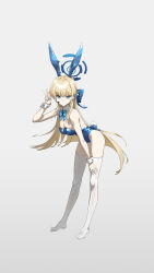 Rule 34 | 1girl, absurdres, animal ears, ass, bare shoulders, blonde hair, blue archive, blue eyes, blue hair, bow, bowtie, breasts, cleavage, commentary, detached collar, earpiece, english commentary, fake animal ears, full body, halo, highres, leaning forward, leotard, looking at viewer, multicolored hair, playboy bunny, rabbit ears, rabbit tail, reyalp, solo, streaked hair, tail, thighhighs, toki (blue archive), toki (bunny) (blue archive), two-tone hair, v, white thighhighs, wrist cuffs