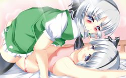 Rule 34 | 2girls, armpits, arms up, ascot, bed, blue eyes, blush, bra, dual persona, female focus, highres, konpaku youmu, lilybell, lingerie, multiple girls, panties, short hair, silver, silver hair, striped clothes, striped panties, thighhighs, touhou, underwear, underwear only