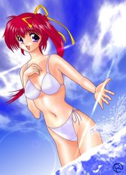 Rule 34 | 1girl, artist request, bikini, blush, breasts, cloud, collarbone, hair ribbon, hand on own chest, long hair, looking at viewer, medium breasts, mikiko shinohara, navel, ocean, open mouth, pia carrot (series), pia carrot e youkoso!! 2, ponytail, purple eyes, red hair, ribbon, side-tie bikini bottom, side ponytail, sky, smile, splashing, standing, swimsuit, water, white bikini