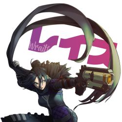 Rule 34 | 1girl, anemia kwus, animification, apex legends, b3 wingman, black bodysuit, black hair, black scarf, blue eyes, bodysuit, breasts, character name, floating hair, gloves, grey gloves, gun, hair between eyes, hair bun, handgun, highres, holding, holding clothes, holding gun, holding scarf, holding weapon, looking to the side, medium breasts, revolver, scarf, single hair bun, solo, weapon, white background, wraith (apex legends)