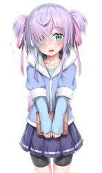 Rule 34 | 1girl, absurdres, ahoge, aqua eyes, blue hoodie, blue shirt, blush, book, bow, copyright request, cowboy shot, flying sweatdrops, hair ornament, hair over one eye, hair ribbon, hairclip, highres, holding, holding book, hood, hoodie, layered sleeves, long sleeves, looking at viewer, nedia (nedia region), open mouth, pink bow, pink ribbon, pleated skirt, purple hair, ribbon, shirt, short hair, short over long sleeves, short shorts, short sleeves, short twintails, shorts, sidelocks, simple background, skindentation, skirt, sleeves past wrists, solo, twintails, white background