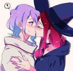 Rule 34 | !, 10s, 2girls, blush, choker, cloak, commentary request, croix meridies, closed eyes, from side, glasses, green eyes, half-closed eyes, hand on another&#039;s shoulder, hat, hood, hooded cloak, kiss, little witch academia, long hair, multiple girls, negom, purple hair, red hair, short hair, side ponytail, simple background, spoilers, surprise kiss, surprised, sweatdrop, thought bubble, upper body, ursula callistis, white background, witch, witch hat, yuri