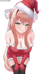 Rule 34 | 1girl, bare shoulders, black thighhighs, blush, bow, breasts, brown hair, christmas, cleavage, collarbone, commentary, cowboy shot, doki doki literature club, dress, elbow gloves, english commentary, eyelashes, fur-trimmed dress, fur-trimmed gloves, fur-trimmed headwear, fur trim, gloves, green eyes, grin, hair between eyes, hair bow, hair intakes, hands on own knees, hat, high ponytail, highres, large breasts, leaning forward, long hair, looking at viewer, monika (doki doki literature club), patreon username, pom pom (clothes), ponytail, red dress, red gloves, red hat, santa costume, santa dress, santa hat, sidelocks, simple background, smile, solo, standing, strapless, strapless dress, thighhighs, twitter username, variant set, white background, white bow, yami (rear4742), zettai ryouiki