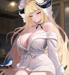 Rule 34 | 1girl, alternate costume, arknights, bare shoulders, bird, black choker, blonde hair, blunt bangs, blurry, blurry background, blush, bonnet, breasts, chinese commentary, choker, cleavage, closed eyes, closed mouth, covered navel, cowboy shot, demon horns, fur-trimmed robe, fur trim, garter straps, horns, indoors, large breasts, long hair, mikuning, nightingale (arknights), no bra, robe, sitting, solo, sweatdrop, very long hair, white headwear, white robe
