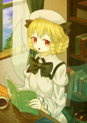 Rule 34 | :o, absurdres, black bow, blonde hair, book, bookshelf, bow, coffee cup, collared dress, cup, disposable cup, dress, drill hair, ekaapetto, fairy wings, hair bow, hat, highres, holding, holding book, light blush, long sleeves, luna child, multiple hair bows, open mouth, red eyes, sunlight, table, touhou, treasure chest, white dress, window, wings, wooden table