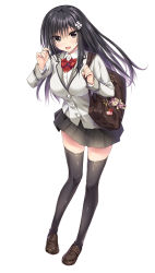 Rule 34 | 1girl, bag, bag charm, black hair, black skirt, black thighhighs, blazer, bow, bowtie, breasts, brown eyes, buttons, charm (object), full body, hair between eyes, hair ornament, hand up, heart, holding, holding bag, holding strap, jacket, large breasts, legs, loafers, long hair, looking at viewer, original, oryo (oryo04), plaid, plaid bow, plaid bowtie, plaid neckwear, playing with own hair, pleated skirt, red bow, red bowtie, school bag, school uniform, shoes, shoulder bag, simple background, skirt, solo, standing, standing on one leg, thighhighs, thighs, white background, white jacket