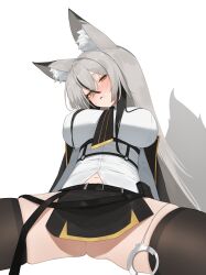 Rule 34 | 1girl, absurdres, animal ear fluff, animal ears, black thighhighs, blush, breasts, cuffs, flasso, grey hair, hair between eyes, handcuffs, highres, large breasts, long hair, looking at viewer, navel, necktie, original, shirt, simple background, skirt, tail, thighhighs, white background, white shirt, yellow eyes