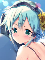 Rule 34 | blue hair, blush, chestnut mouth, close-up, commentary request, day, flower, goggles, goggles on head, green eyes, hair between eyes, hair flower, hair ornament, looking at viewer, outdoors, sinon, solo, sousouman, swimsuit, sword art online, water drop