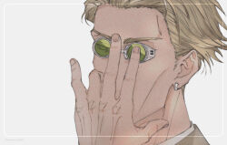 Rule 34 | 1boy, adjusting goggles, blonde hair, earrings, goggles, jewelry, jujutsu kaisen, looking at viewer, male focus, mineco000, nanami kento, portrait, short hair, solo, white background