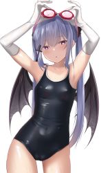 Rule 34 | 1girl, absurdres, armpits, arms up, bare shoulders, black one-piece swimsuit, blue hair, breasts, cameltoe, collarbone, competition school swimsuit, covered navel, cowboy shot, demon girl, demon wings, doyachii, elbow gloves, gloves, goggles, goggles on head, hands on eyewear, highres, holding, long hair, looking at viewer, one-piece swimsuit, original, parted lips, purple eyes, school swimsuit, simple background, skin tight, skindentation, small breasts, solo, standing, swimsuit, thighs, twintails, wet, white background, white gloves, wings