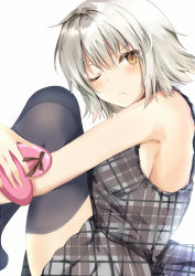 Rule 34 | 1girl, armpits, bad id, bad pixiv id, bare arms, bare shoulders, black thighhighs, blush, box, breasts, brown eyes, closed mouth, commentary request, dress, fate/grand order, fate (series), from side, grey dress, head tilt, heart-shaped box, holding, holding box, hugging own legs, jeanne d&#039;arc (fate), jeanne d&#039;arc alter (avenger) (fate), jeanne d&#039;arc alter (fate), knees up, looking at viewer, looking to the side, medium breasts, no shoes, one eye closed, plaid, plaid dress, pon (ponidrop), short hair, silver hair, simple background, sleeveless, sleeveless dress, solo, thighhighs, v-shaped eyebrows, valentine, white background