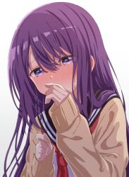 Rule 34 | 1girl, absurdres, artina, black sailor collar, blush, cardigan, commentary request, covered mouth, crossed bangs, embarrassed, hair between eyes, hands up, highres, kubo-san wa mob wo yurusanai, kubo nagisa, long hair, long sleeves, looking at viewer, neckerchief, purple hair, red neckerchief, sailor collar, school uniform, simple background, sleeves past wrists, solo, sweatdrop, upper body, white background, yellow cardigan
