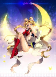 Rule 34 | 1girl, bishoujo senshi sailor moon, blonde hair, blue background, blue eyes, blue sailor collar, boots, bow, brooch, character name, choker, crescent moon, double bun, elbow gloves, full body, gloves, hair bun, hair ornament, hairpin, heart, heart brooch, high heel boots, high heels, highres, jewelry, knee boots, long hair, magical girl, moon, multicolored clothes, multicolored skirt, nal (nal&#039;s pudding), panties, pantyshot, red bow, ribbon, sailor collar, sailor moon, skirt, smile, solo, super sailor moon, tsukino usagi, twintails, underwear, white gloves, white panties